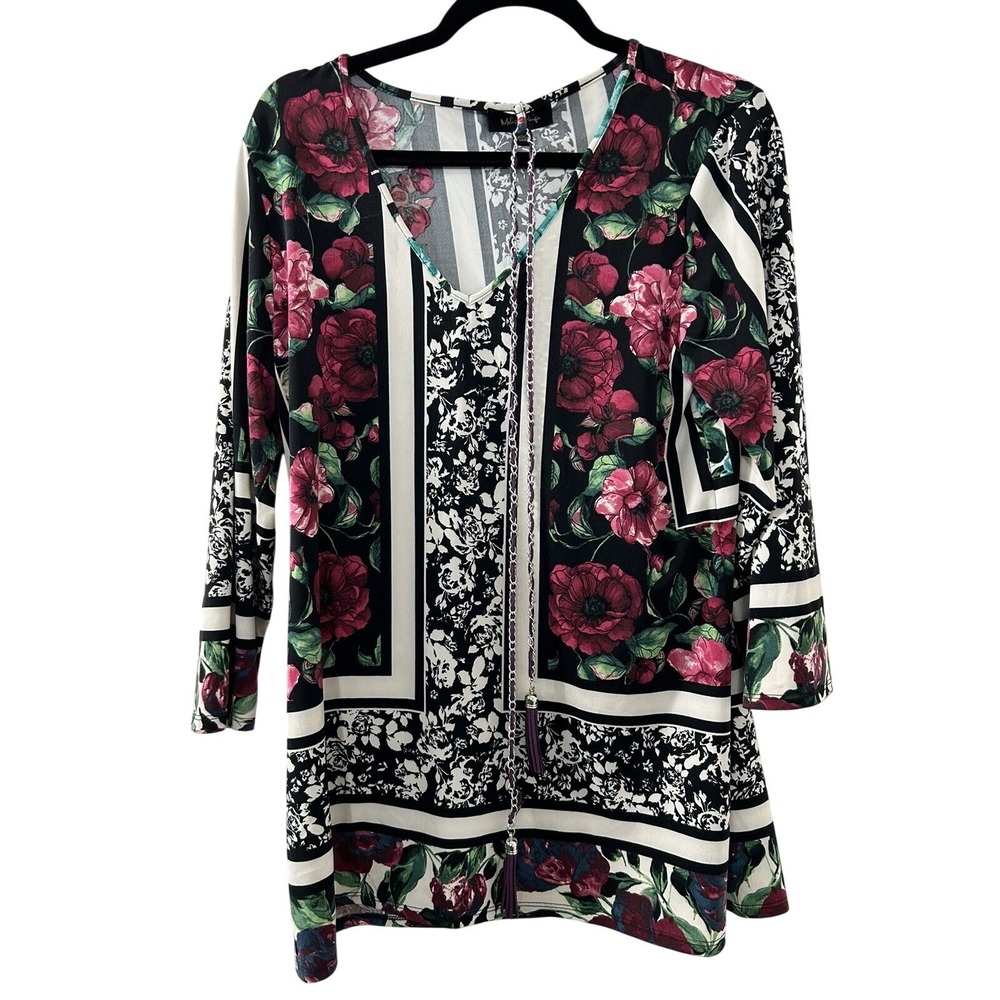Melissa Paige Floral Border Print Tunic L Black Burgundy Tassel Chain Boho Mod